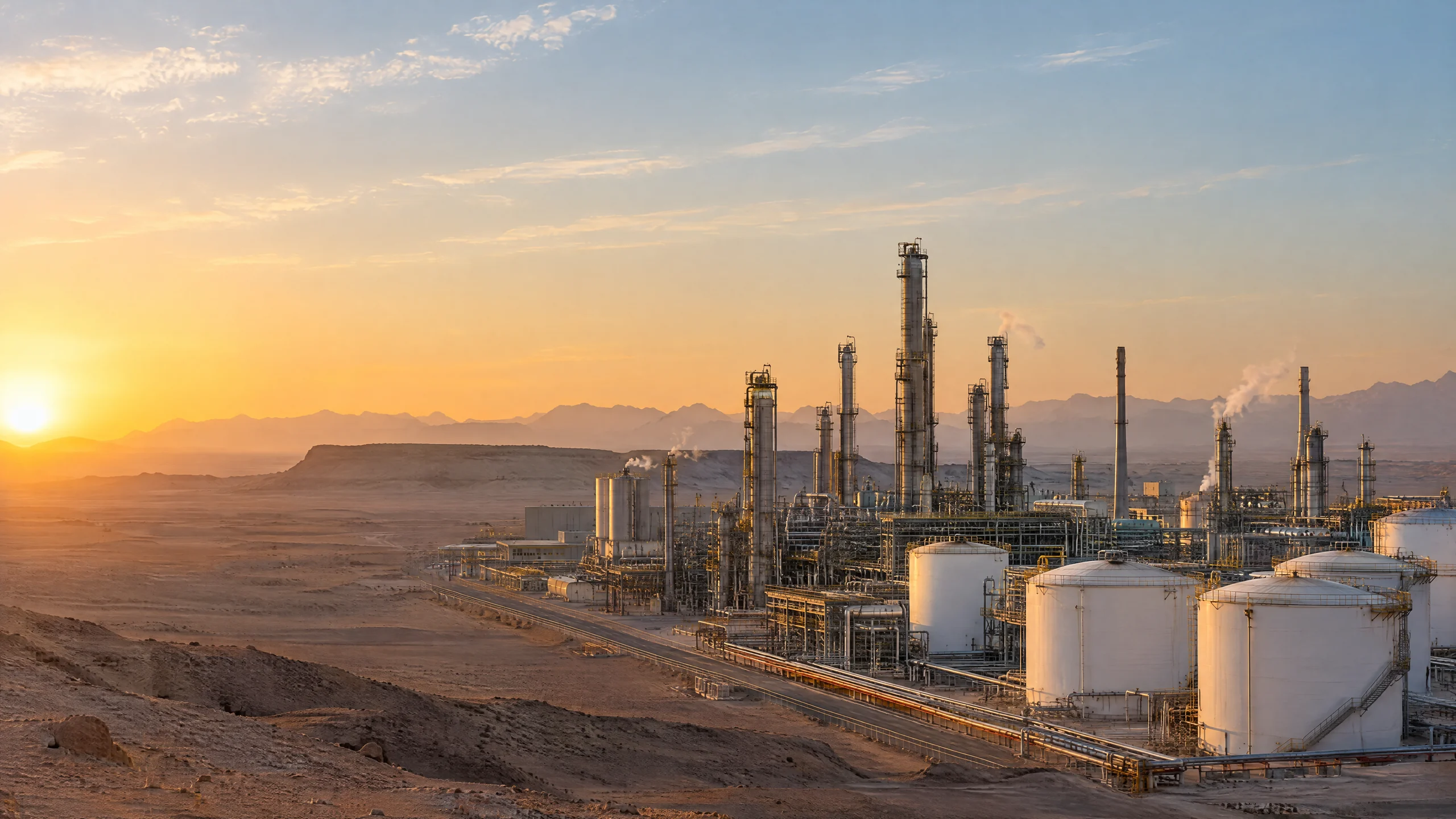 Refinery and storage tanks in the desert at golden hour